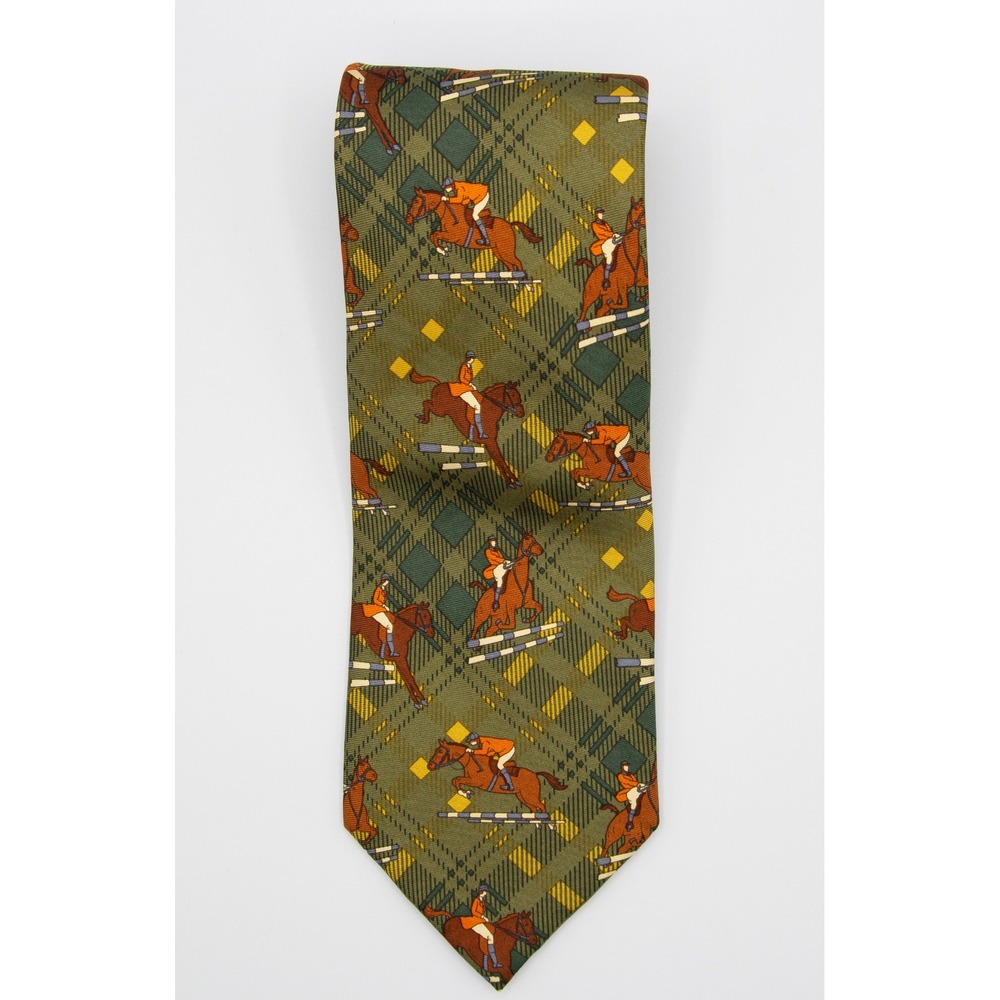 Etro Milano Mens Silk Tie Green Plaid Equestrian Jumping Horse Made in Italy